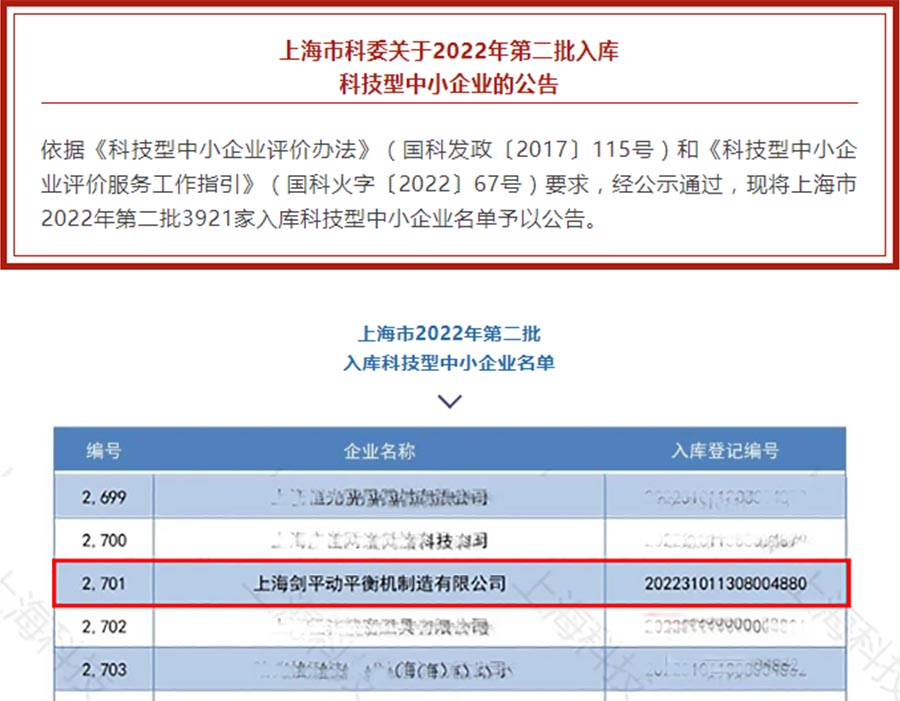 上海劍平動平衡機制造有限公司成功入庫上海市科技型中小企業(yè)